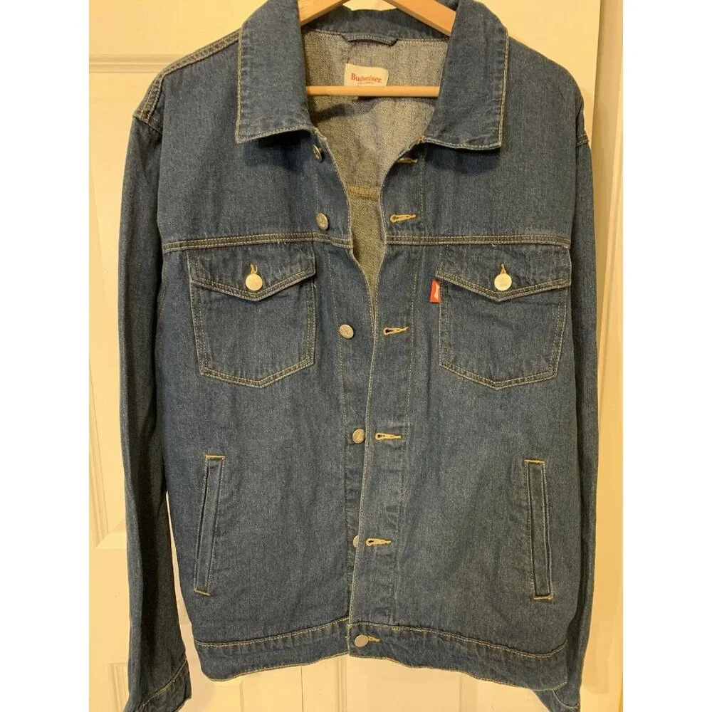 New Budweiser Denim Men’s Sz L Blue Trucker‎ Button Jean Logo Jacket NWT